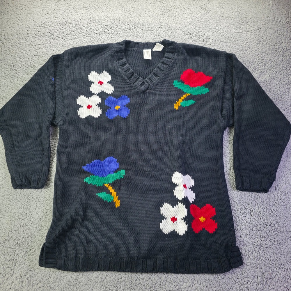 Clifford & Wills Vintage Navy Blue Floral Cotton Knit V-Neck Sweater XXL
